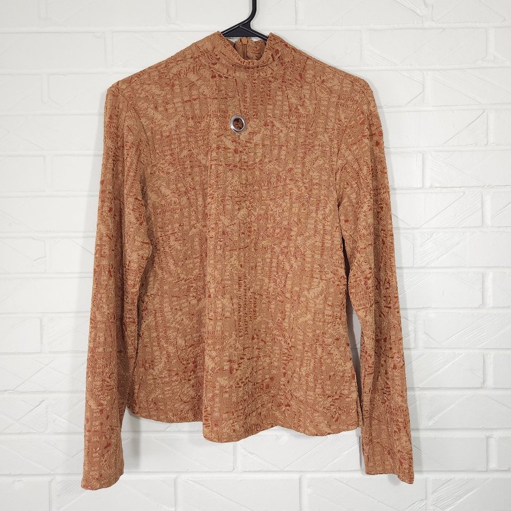 Vintage Jamie Sadock Tan Long Sleeve Golf Shirt Grommet Detail Mock Neck S